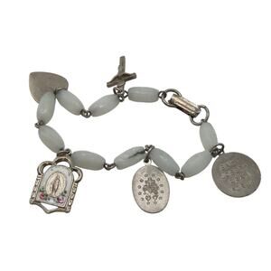 Vintage Catholic Charm Bracelet Saint Joseph  Cross Rosary Style Pale Blue Glass